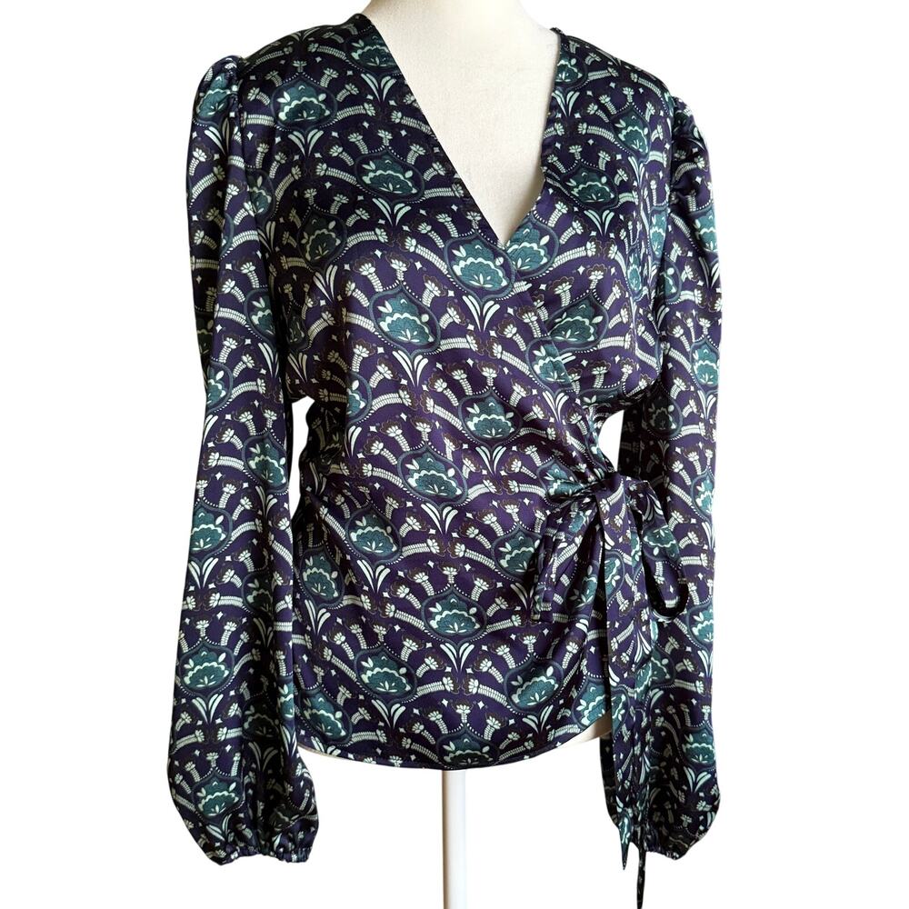 NEVER FULLY DRESSED | Navy Blue and Green Blouson Sleeve Wrap Blouse | US Size 8